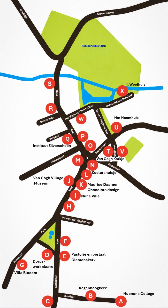 Routekaart KunsT met een grote T 2026: vierentwintig punten A tot en met X door het centrum van Nuenen, met onder meer het Van Gogh Kerkje, ’t Weefhuis, Nune Ville, het Heemhuis en de Clemenskerk.